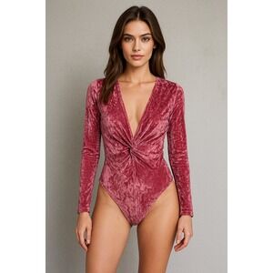 Crushed Velvet Bodysuit Womens S Pink‎ Plunging Deep V Twisted Playboy Bunny